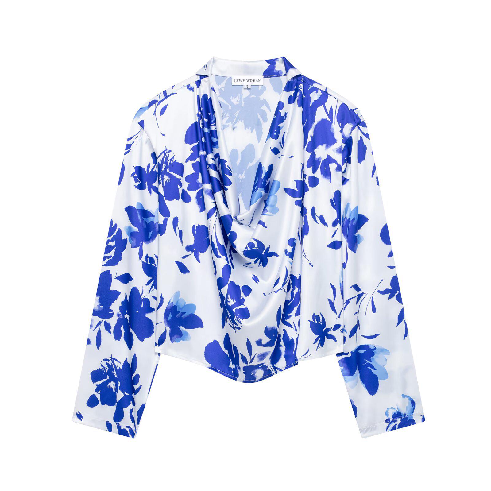 

Весна 2025 Женская Европейская и Американская Мода Топ с Принтом и Драпированным Воротником M синий