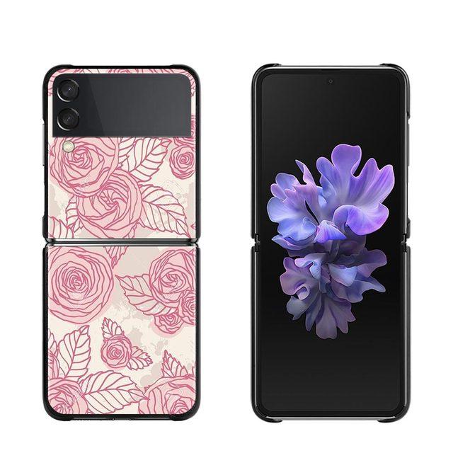 Phone Case For Samsung Galaxy Z Flip3 5g Back Cases For Samsung Z Flip Capa Black Shell Fundas Rose Pink Purple Bling Pattern