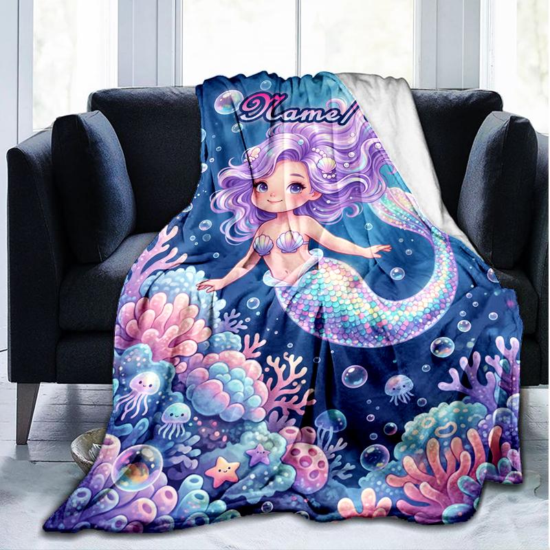 1PC Custom Name Mermaid Fantasy Underwater World outdooor Flannel blankets Throw Blanket All-Season Throw Gift Bedspread for Couch, Bed, Camping Holid