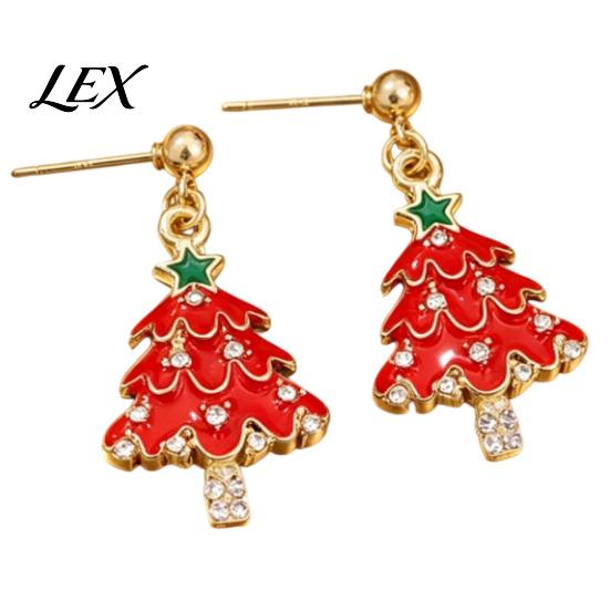 Winter Holiday Gift for Women 1 Pair Christmas Earrings Women, Xmas Tree Dangle Festive Red Green Stud Earrings, Sparkling Rhinestone Festival