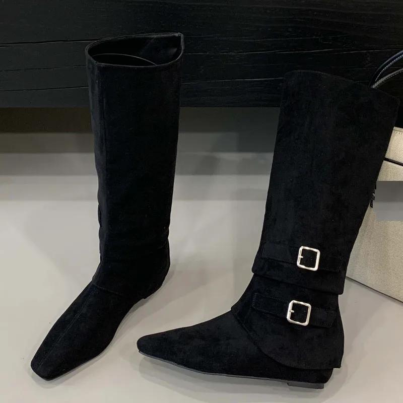 

Eilyken Новинка Зимнего Дизайна Остроносые Сапоги до Колена Женские Низкий Каблук Комбинированные Ремешок с Пряжкой Женская Обувь De Mujer 35