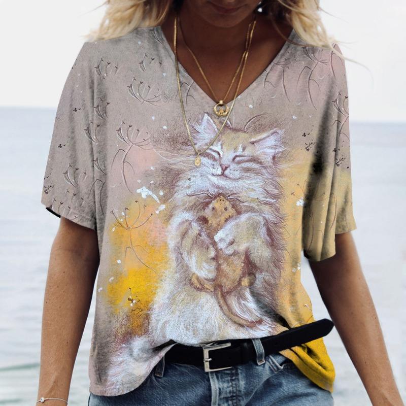 Summer Purple Series Kitten Female Commuter Elegant V-neck Short Sleeve T-Shirts Women’s