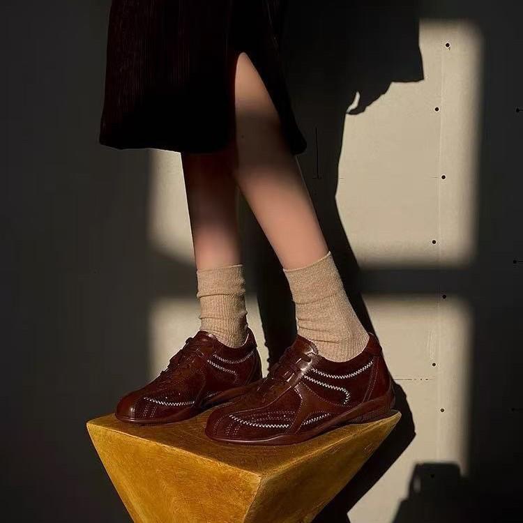 Boxschuhe aus Leder mit Innensohle zur Höhenerhöhung, Damen, runde Spitze, Schnürung, Plateau, Ballett-Sportschuhe, lässige Plateau-Mary-Jane-Schuhe