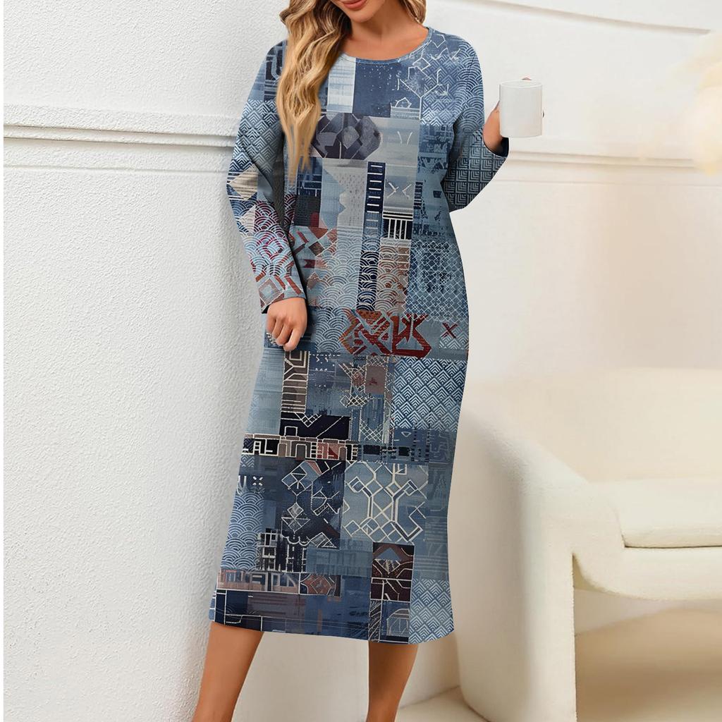 Women's Fashionable Casual Long-Sleeved Round Neck Retro Geometric Print Elegant Dress