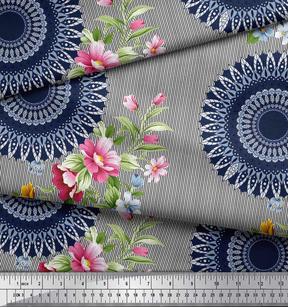 Soimoi Japan Crepe Satin Fabric Stripe,Floral & Mandala Printed Craft Fabric by the Metre 42 Inch