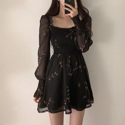 Women Sexy Black Dress Elasticity Vintage Flower Long Puff Sleeve Chiffon Party Dresses Korean Mini Dress Clothes 17325