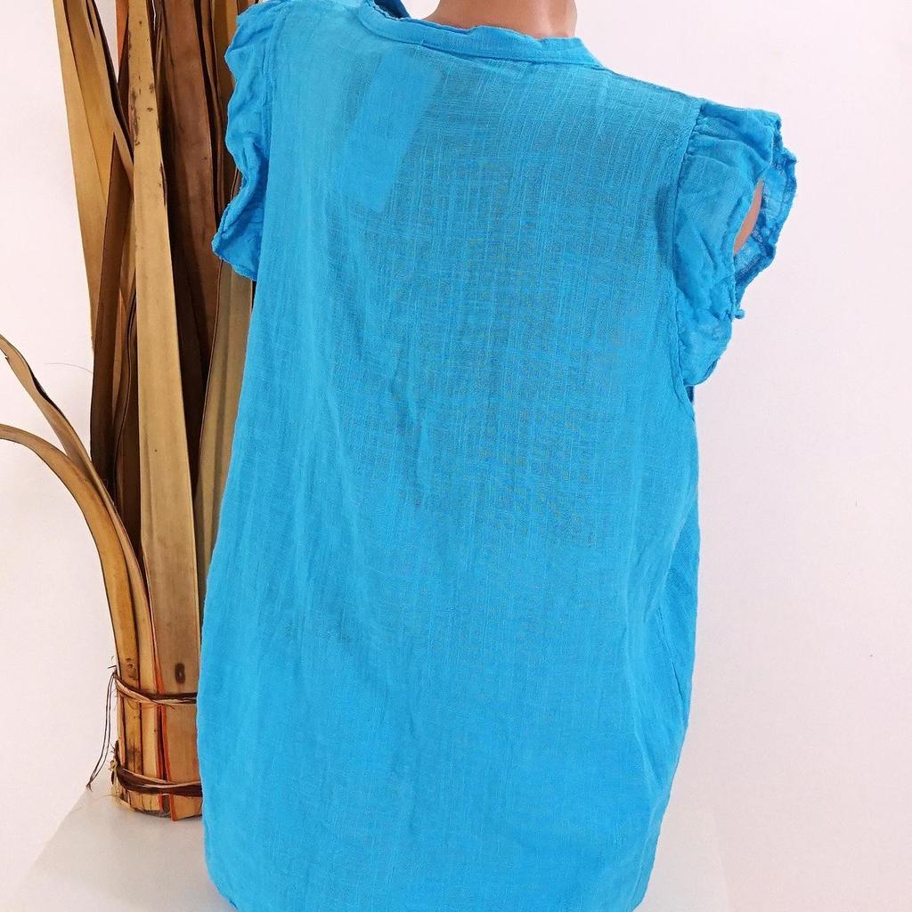 Oddychająca, luźna koszula damska z guzikami i dekoltem w serek, w jednolitym kolorze, z bawełny i lnu