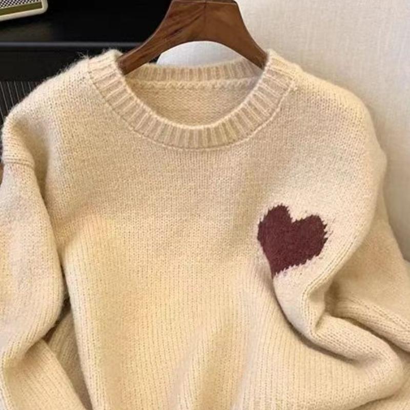 Lazy Style Retro Heart Embroidery Sweater for Women Spring Autumn Autumn Winter Gentle Style Loose Long Sleeve Knitwear