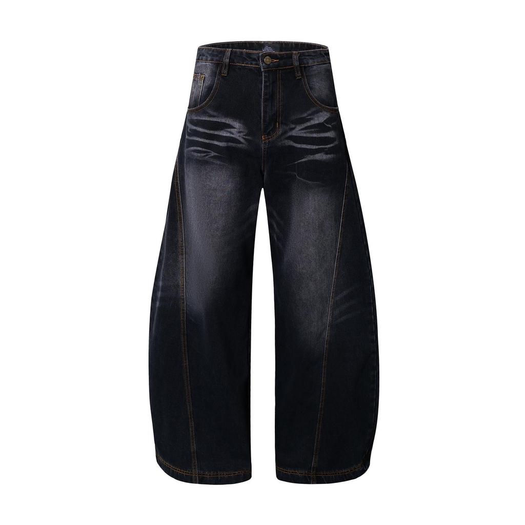 Unisex American Retro Washed Scimitar Jeans: Whiskered Wide-Leg Pants with Clean-Fit Design.
