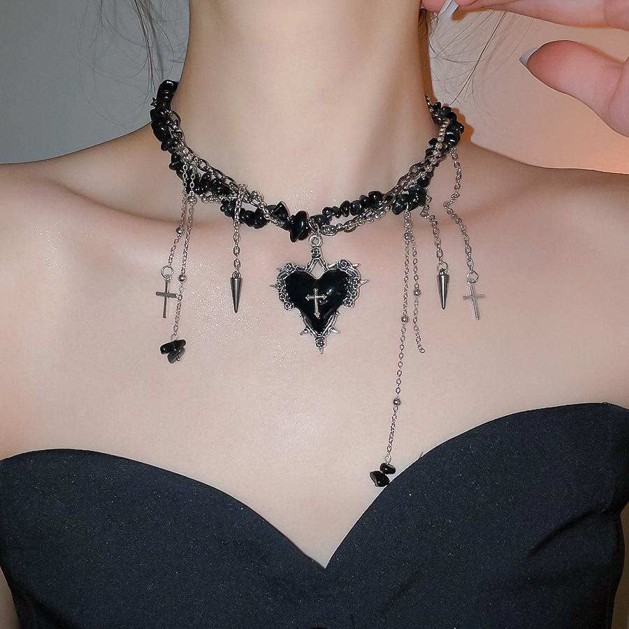 Goth Black Heart Love Cross Pendant Irregular Stone Bead Choker Necklace For Women Halloween Vintage Y2K Grunge EMO Accessories