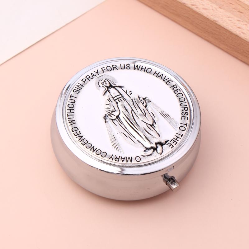 Retro Metal Holy Communion Saint Benedict Rosary Gift Boxes Round Religious Jewelry Packing Case