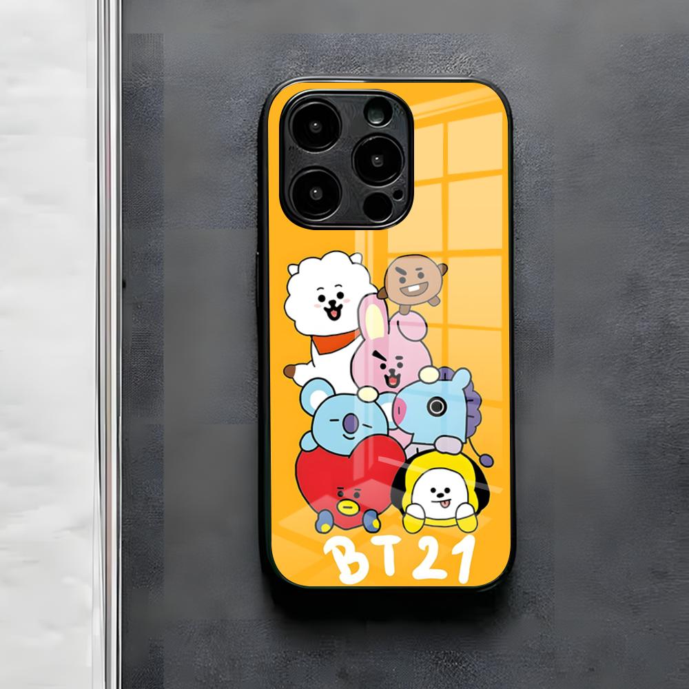 Cute Cartoon B-BT21s Phone Case For IPhone 17 Air 16 E Pro Max 15 14 13 Mini 12 Pro 11 Max Plus Black Glass Cover