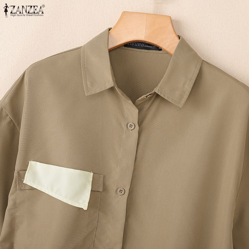 ZANZEA Blusa informal holgada de media manga con cuello vuelto para mujer