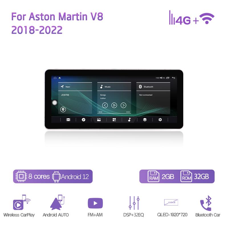 

12,3 дюйма Для Aston Martin V8 2018-2025 Автомобильный мультимедийный видеоплеер GPS-навигация Радио Android12 8 ядер CarPlay 4G 360-градусная камера