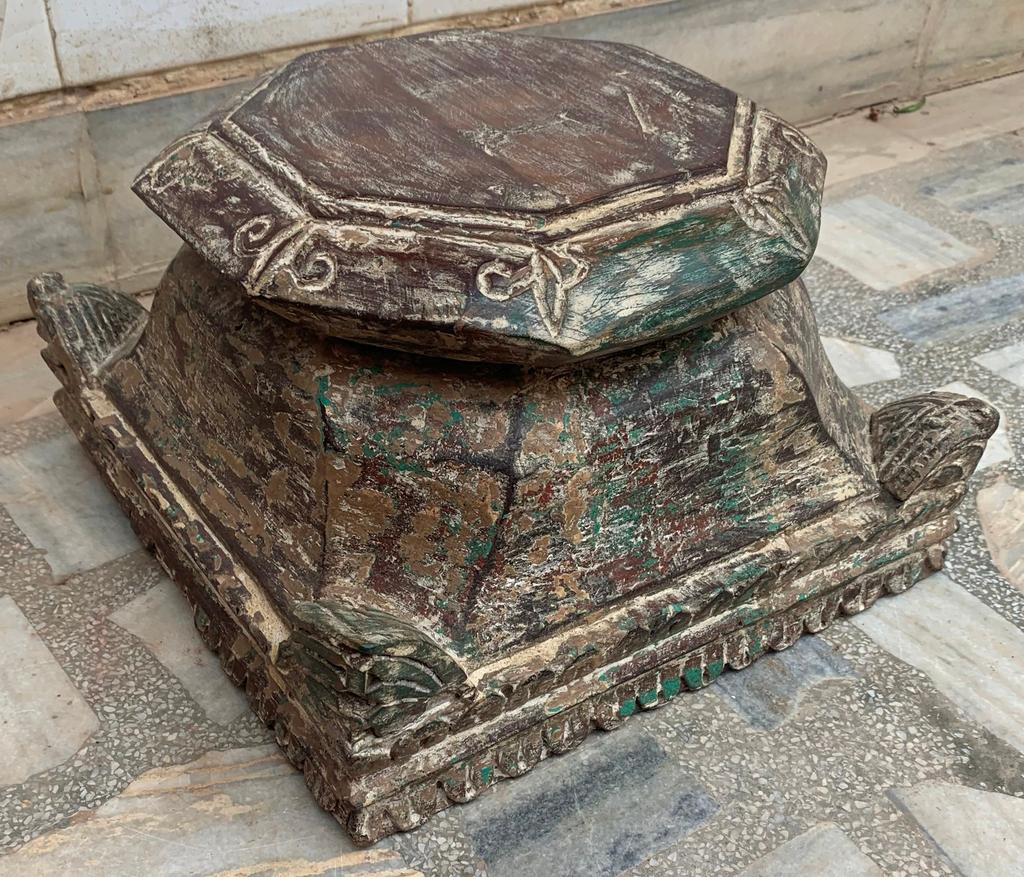 Indian Carved Wood Shelf Bracket: Antique Distressed Painted Panel