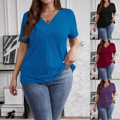 Summer Cross V-Neck Plus Size Short Sleeve Women Blouse Pit Strip Solid Color Top Fashion Loose Casual Elegant Simple T-shits Female Office Tee Shirts