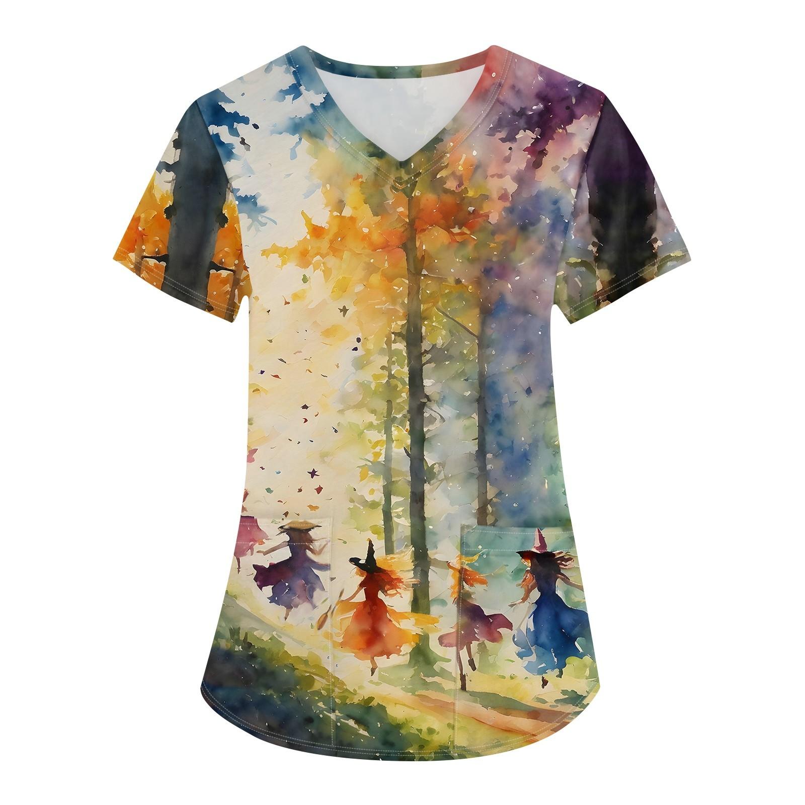 

Женская рабочая униформа с принтом ведьмы на Хэллоуин, рабочая форма с v-образным вырезом и карманами, защитная рабочая форма S