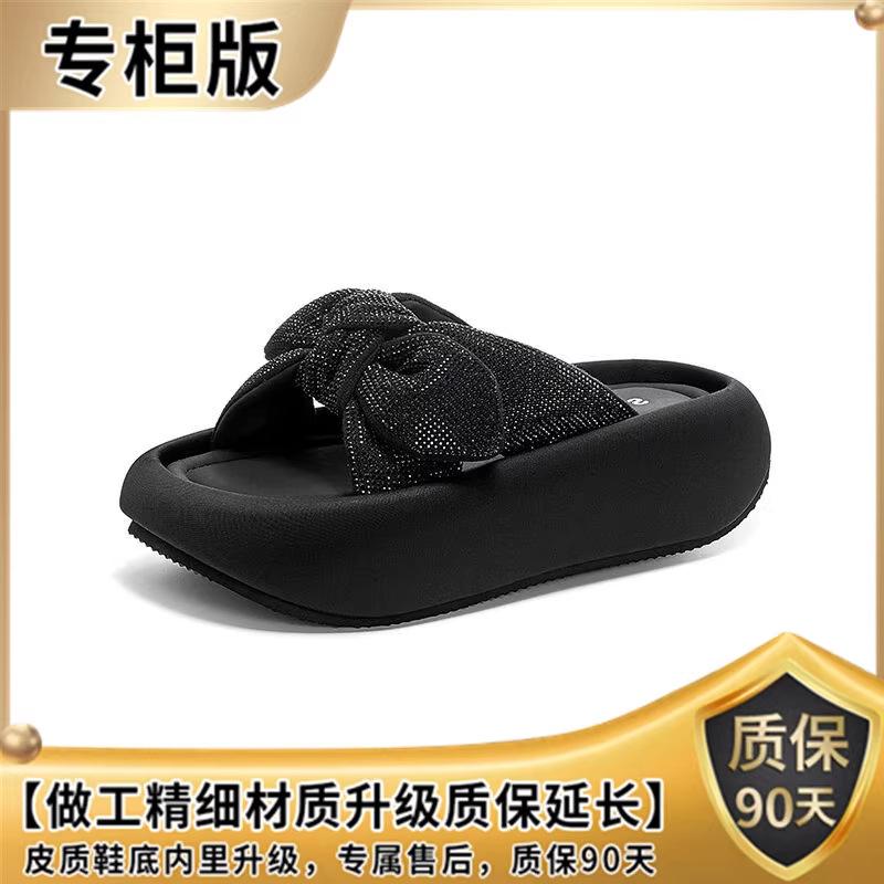 

Thick-bottomed bow one-word women s 2025 summer new fashion versatile trend wear sandals casual slippers 40 чорний