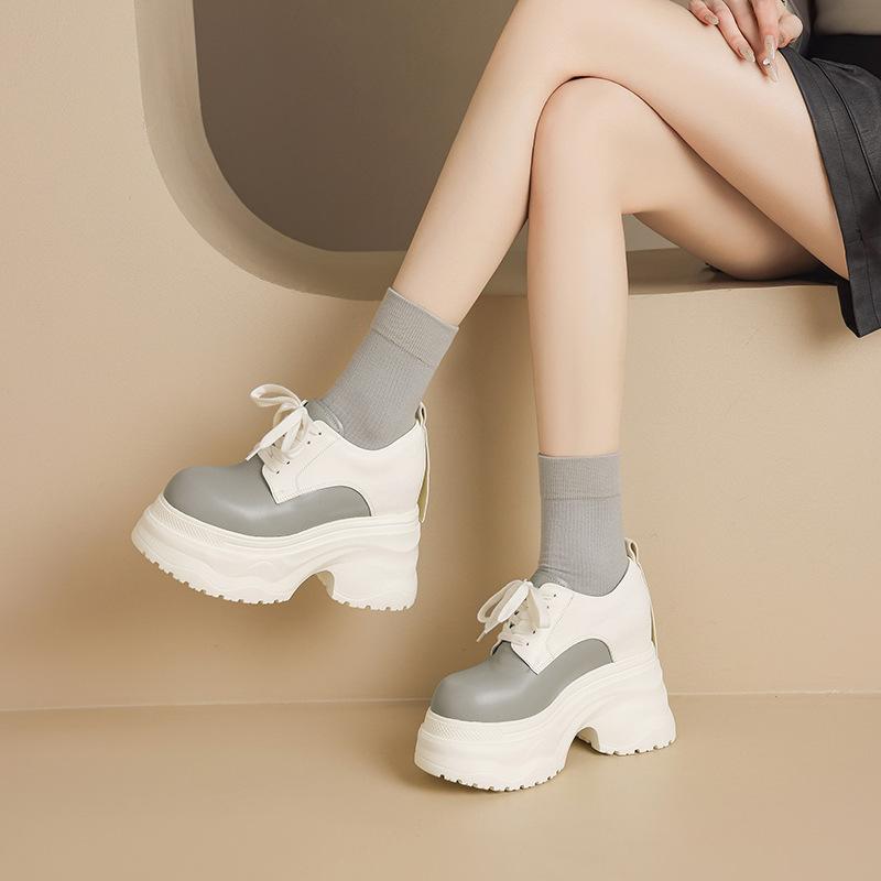 12CM thick-soled inner height-increasing leather single shoes spring new round head deep mouth lace-up height-increasing small leather shoes ca