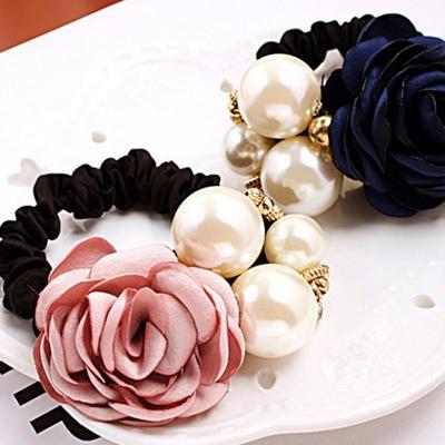 Fashion Women Hair Decoration Gifts Tissu Rose Fleur Cheveux Perles Hairband Queue De Cheval Titulaire Corde Anneau Accessoires