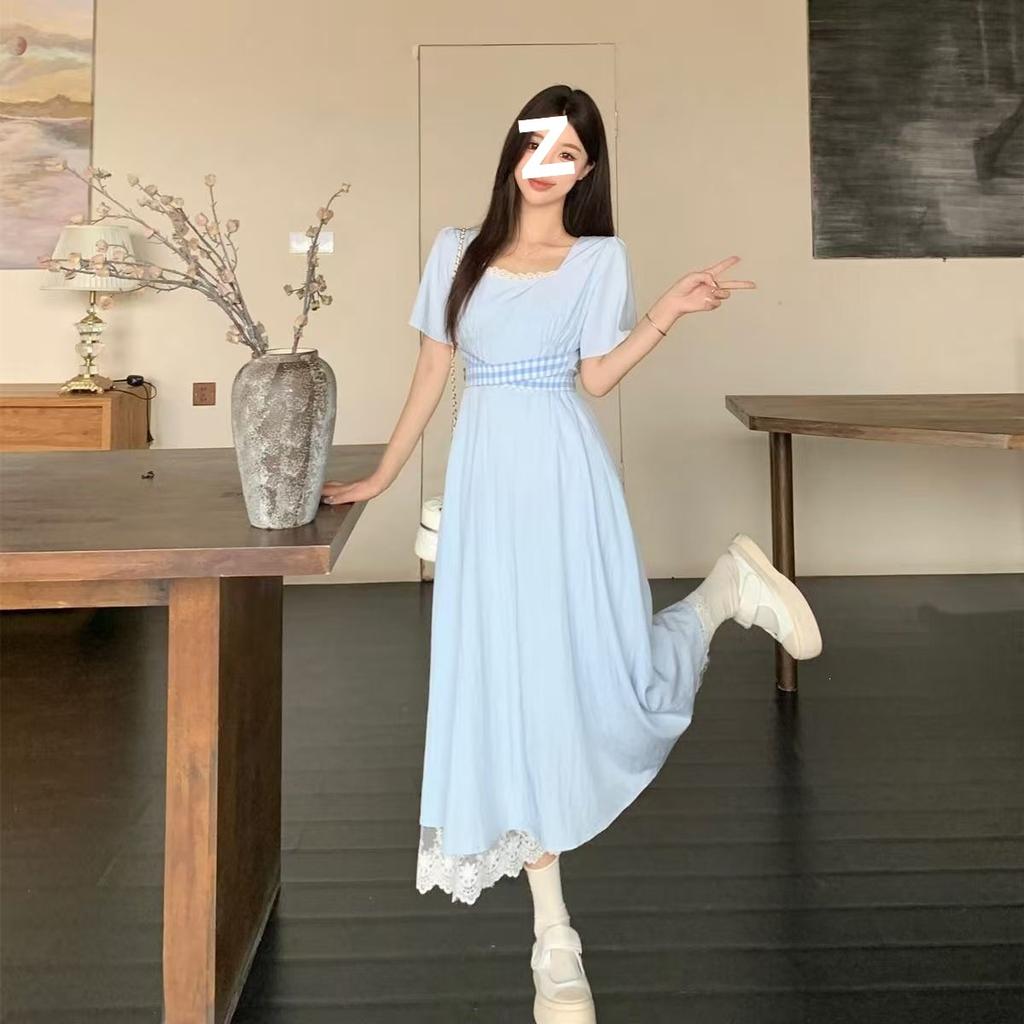 Large size summer new fashion versatile temperament lace splicing dress foreign style waist cover meat show thin long skirt