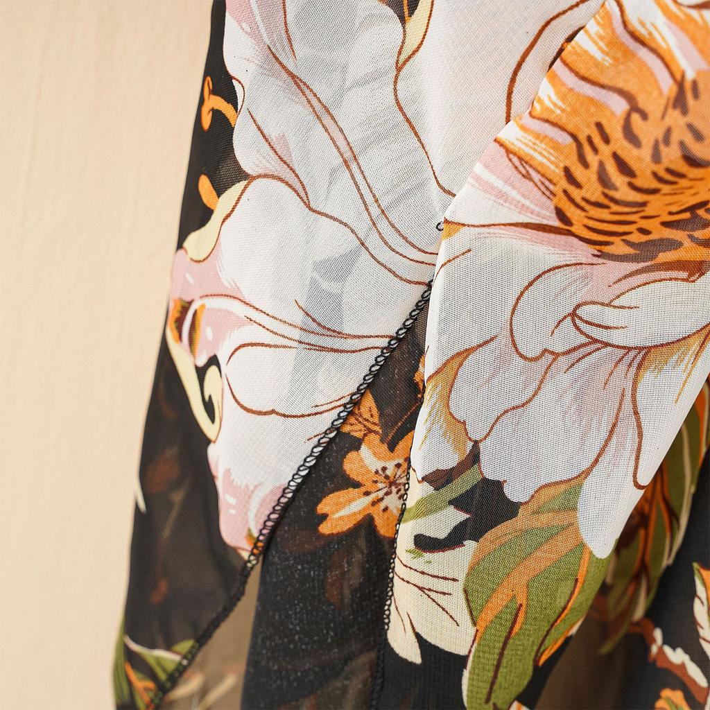 Beach Swimwear Cover Up Chiffon One Size Black Tassel Floral Print Swim Cover Up for Water Park Vacation