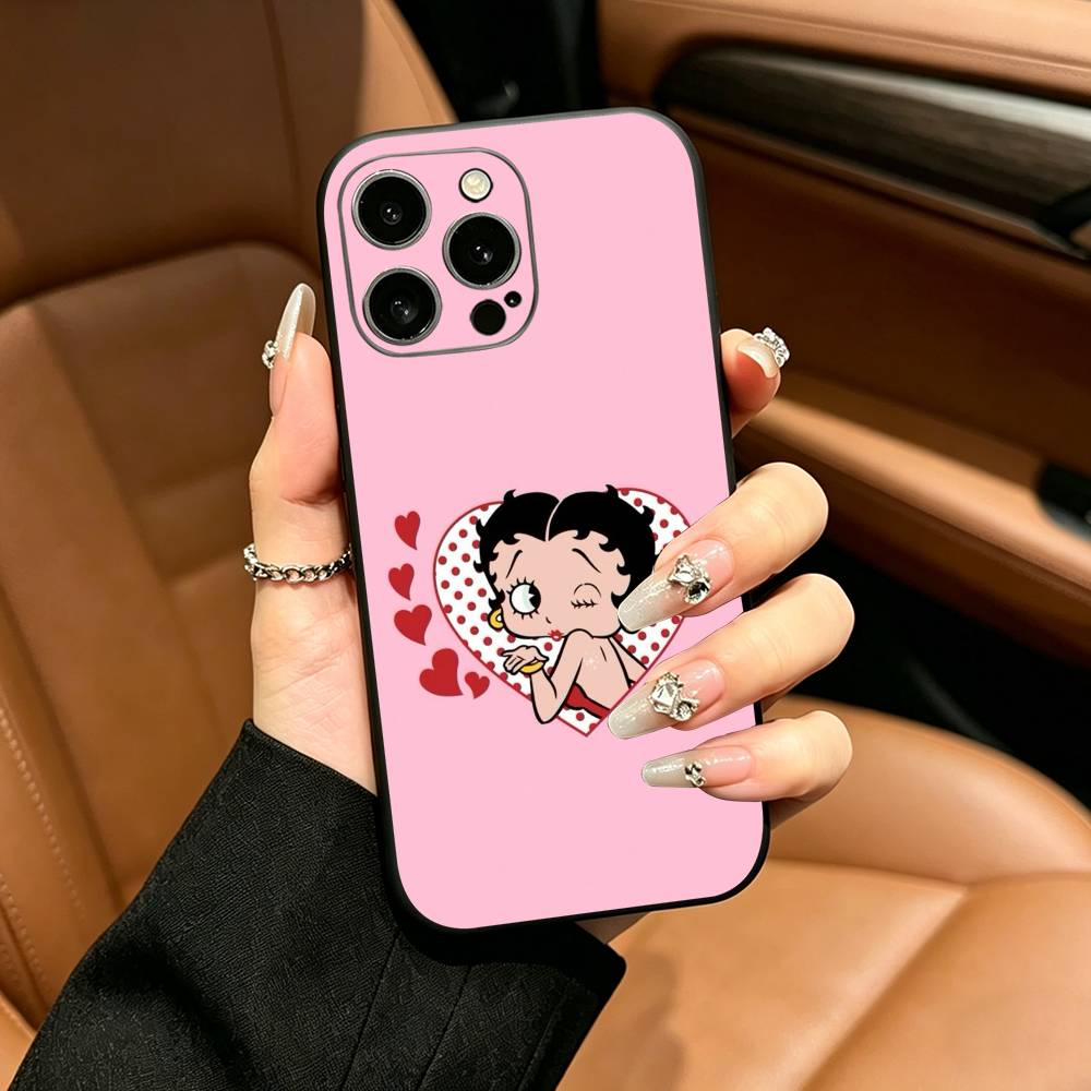B-Betty Cute B-Boop Phone Case For iPhone 12 13 14 15 16 17 Pro Max, Lightweight and practical Soft Black Cover