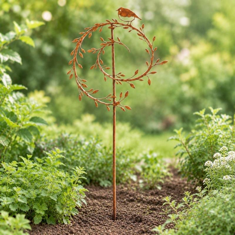 Iron Garden Stake with Aged-Look Brown Finish and Bird Detail for Flowers, Lawn Edges, and Suitable Soil Placement
