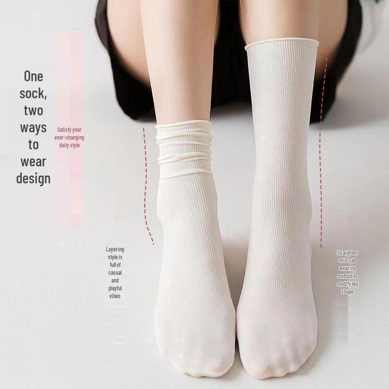 Bingbing Women's Ice Silk Scrunch Socks - Mid-Calf, Thin Style, Trendy White Velvet for Summer