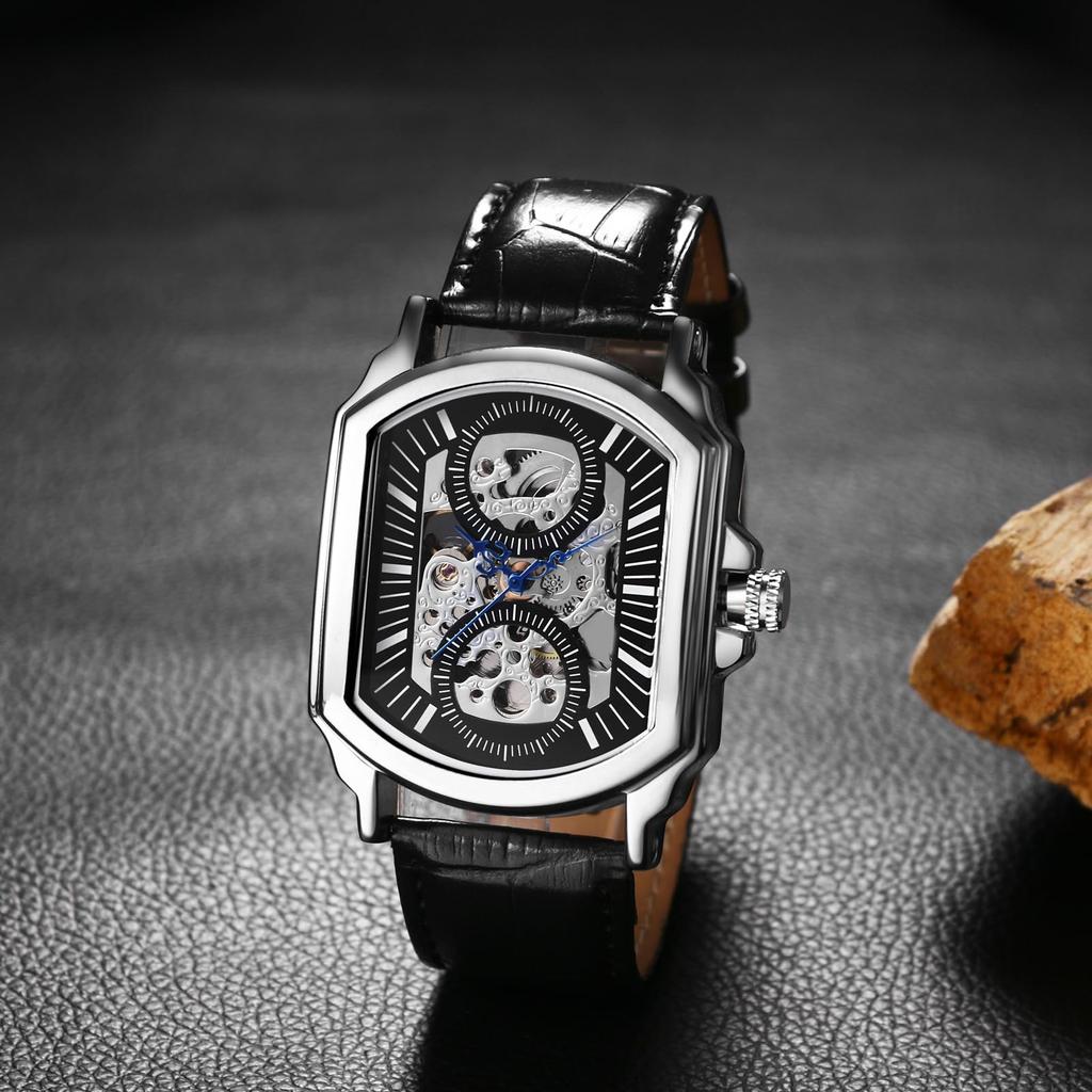 Automatic Watch with Genuine Leather Strap and Waterproof Stylish Square Quartz Watch in Black Perfect Gift for or Day Men's Design - Birthdays,