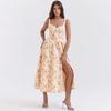 Women Fashion High Waist V Neck Backless Spaghetti Strap Print Ankle Length Trendy Design Dress