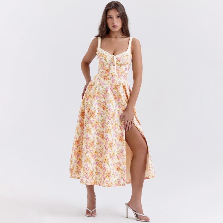 Women Fashion High Waist V Neck Backless Spaghetti Strap Print Ankle Length Trendy Design Dress