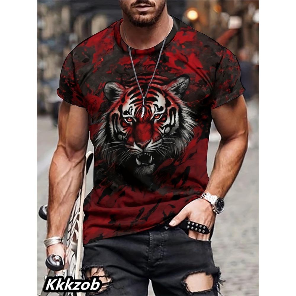 Men's Lion Print Short-sleeve Round Neck T-shirt, Lightweight and Breathable, Trendy and Cool for Casual Outdoor Activities.