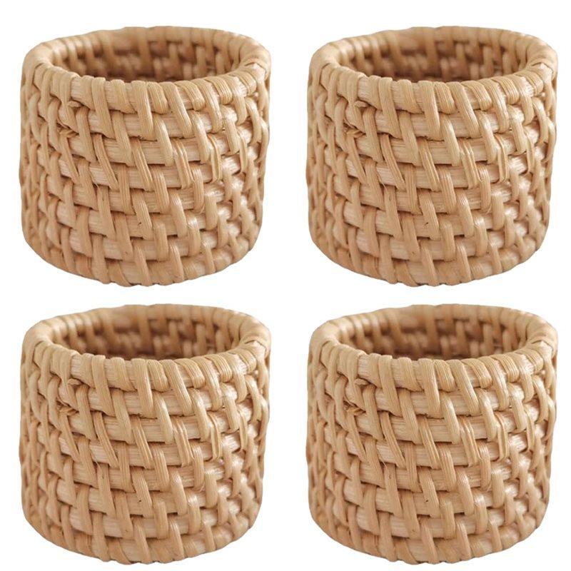 AB34-Napkin Rings Woven Rattan 4Pcs Set Handmade Natural Wicker For Party Banquet Dinner Napkins Holder