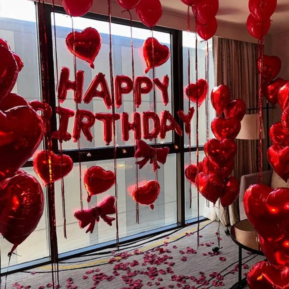 Red Birthday Balloon Set with Bow, Love Heart, Aluminum Foil Balloon, Simulated Petals for Birthdays and Valentine's Day