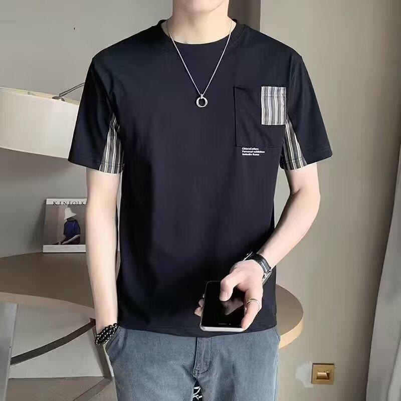 

Мужская летняя футболка с круглым вырезом в корейском стиле, в полоску, пэчворк M чёрный