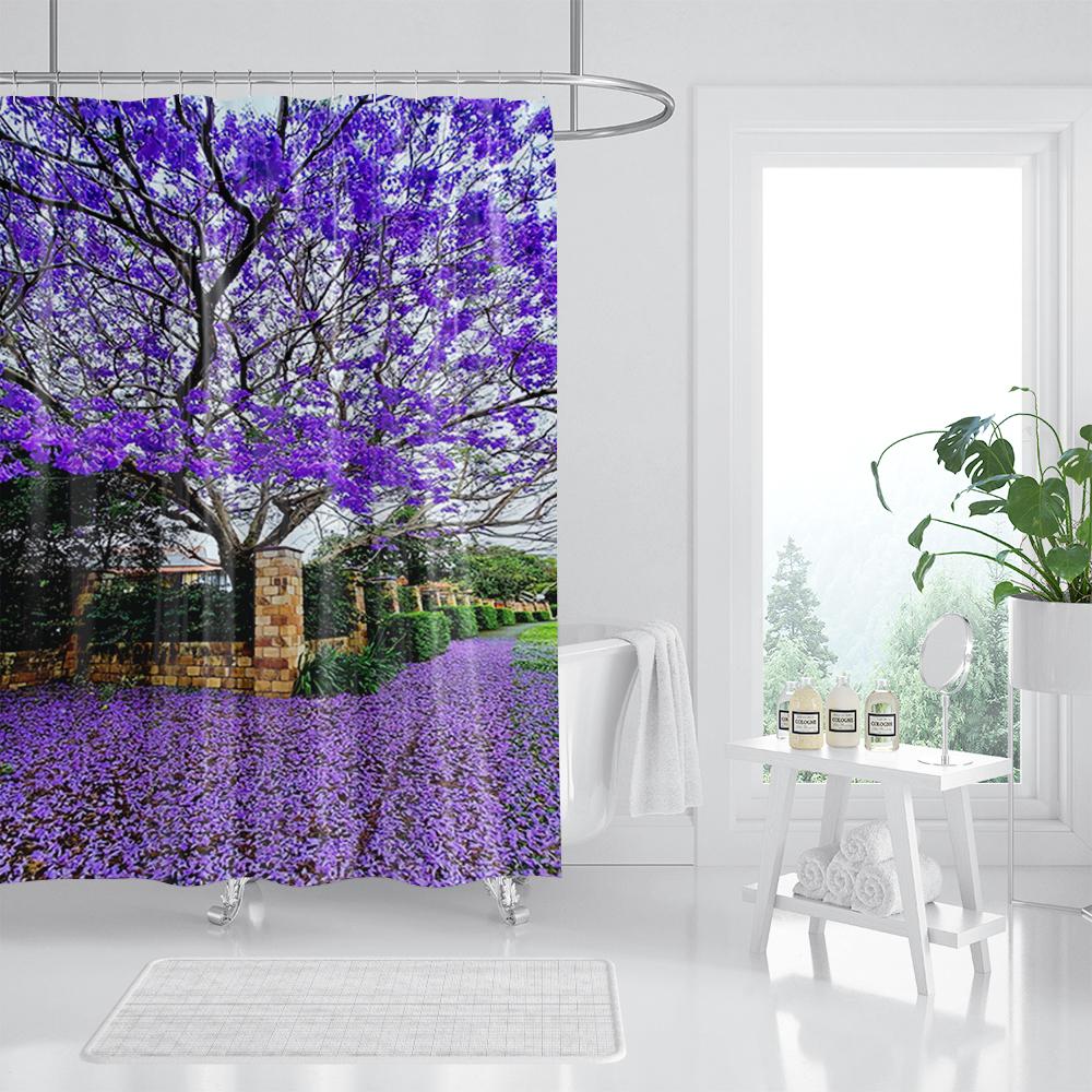 Waterproof Fabric 3D Shower Curtain Bathroom Curtain Pink Tree Landscape Polyester Bath Curtain Decorate With Hooks Cortina