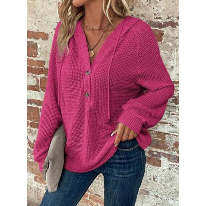 Women S Solid Color Hooded Buttoned Long Sleeve Sweatshirt