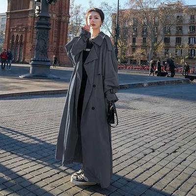 Høst Vinter Khaki Lang Trenchcoat for Kvinner Jakke Elegant Yttertøy Nedbrettet Krage Belte med Sløyfe Koreansk Chic Vindjakke