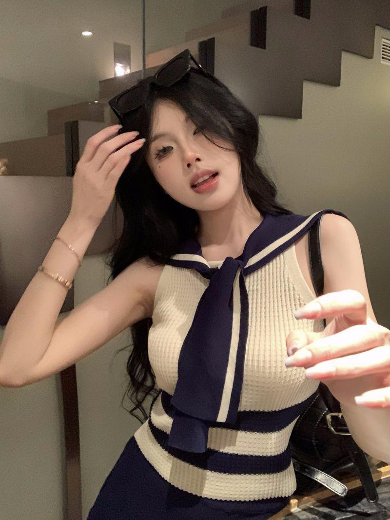 

Сладкий и пикантный женский темно-синий вязаный топ-майка с воротником - Приталенный, сексуальный, преппи летний стиль One Size [Recommended for up to 125 lbs]