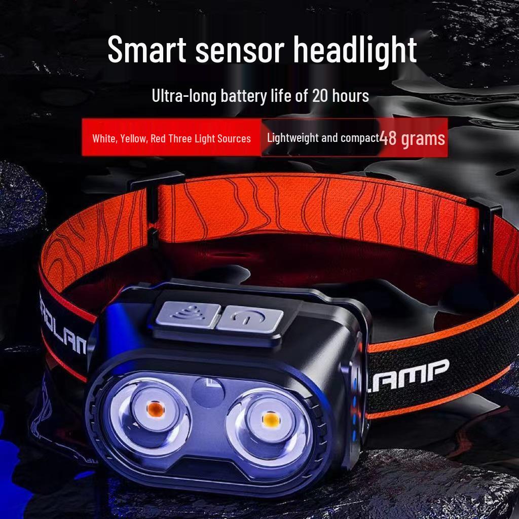 Rechargeable LED Sensor Headlamp: Ultra-Bright, Long Battery, Perfect for Night Fishing, with Red and White Lights.