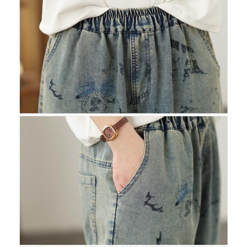 DIMANAF 2026 Summer New Plus Size Women Jeans Elastic Waist Long Pants Print Loose Casual Denim Cotton Trousers Pants