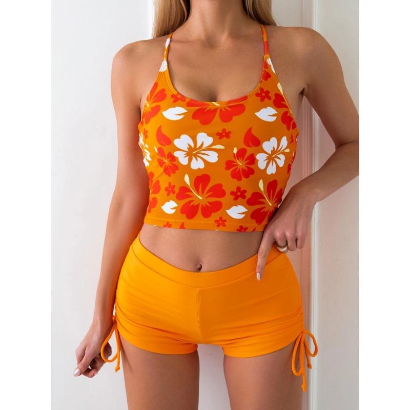 Printed Flower Tankini Set Girl Swimwear Adjustable Strap Vest Bra Female Flower Shorts Bikini Drawstring Women Beach Set