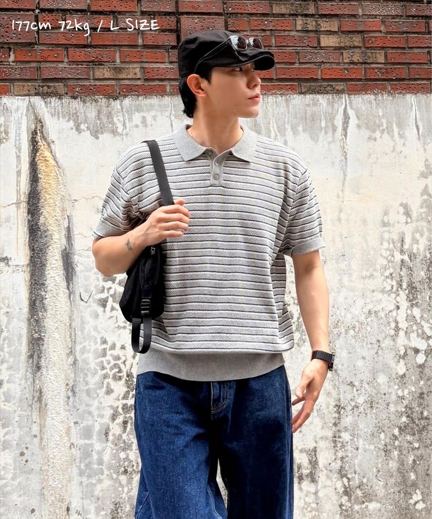CUZNELLO Multi-Stripe Polo Short Sleeve Knit_Gray
