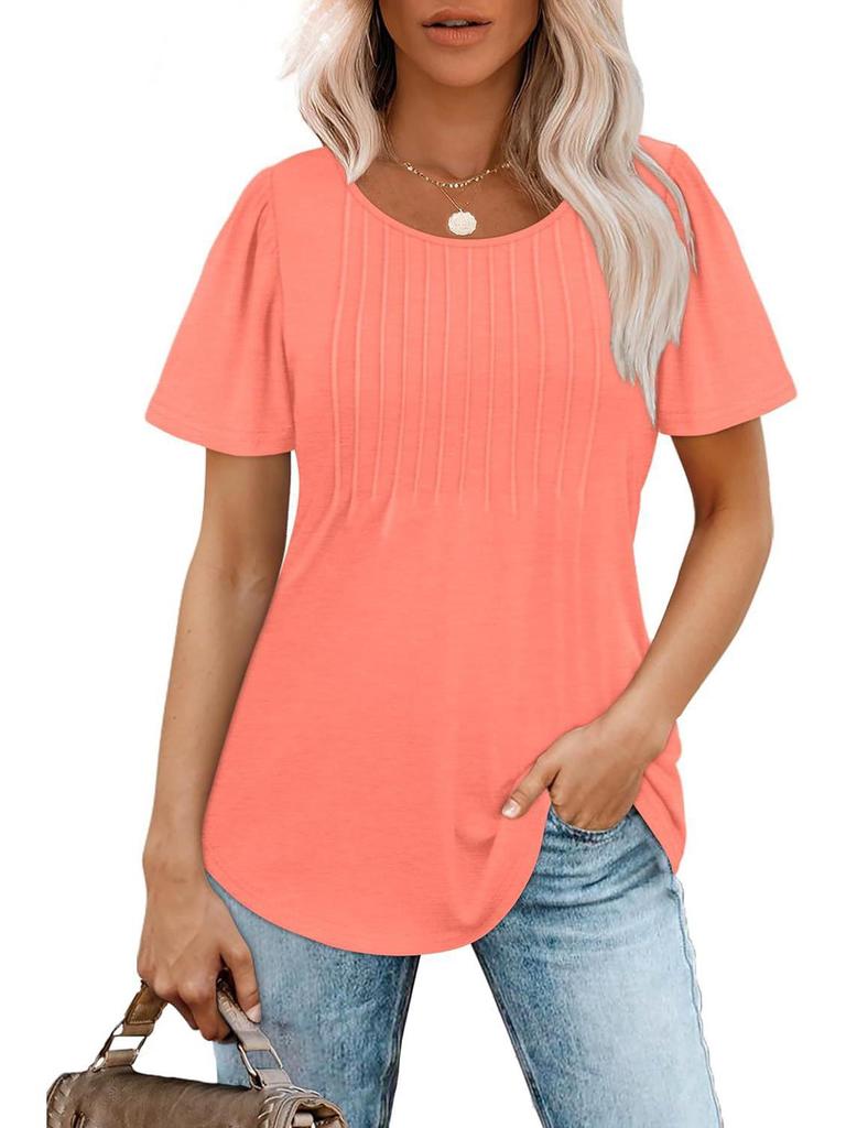 Pleated Round Neck Short Sleeve Women's T-Shirt - New 2024 European & American Style