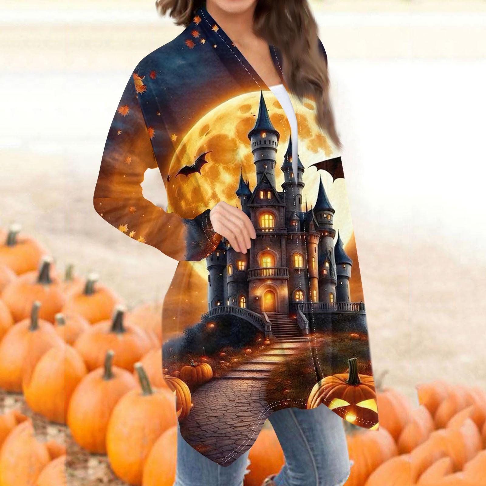 

Женская мода, повседневный кардиган с принтом на Хэллоуин, средней длины, куртка, пальто XXXL оранжевый