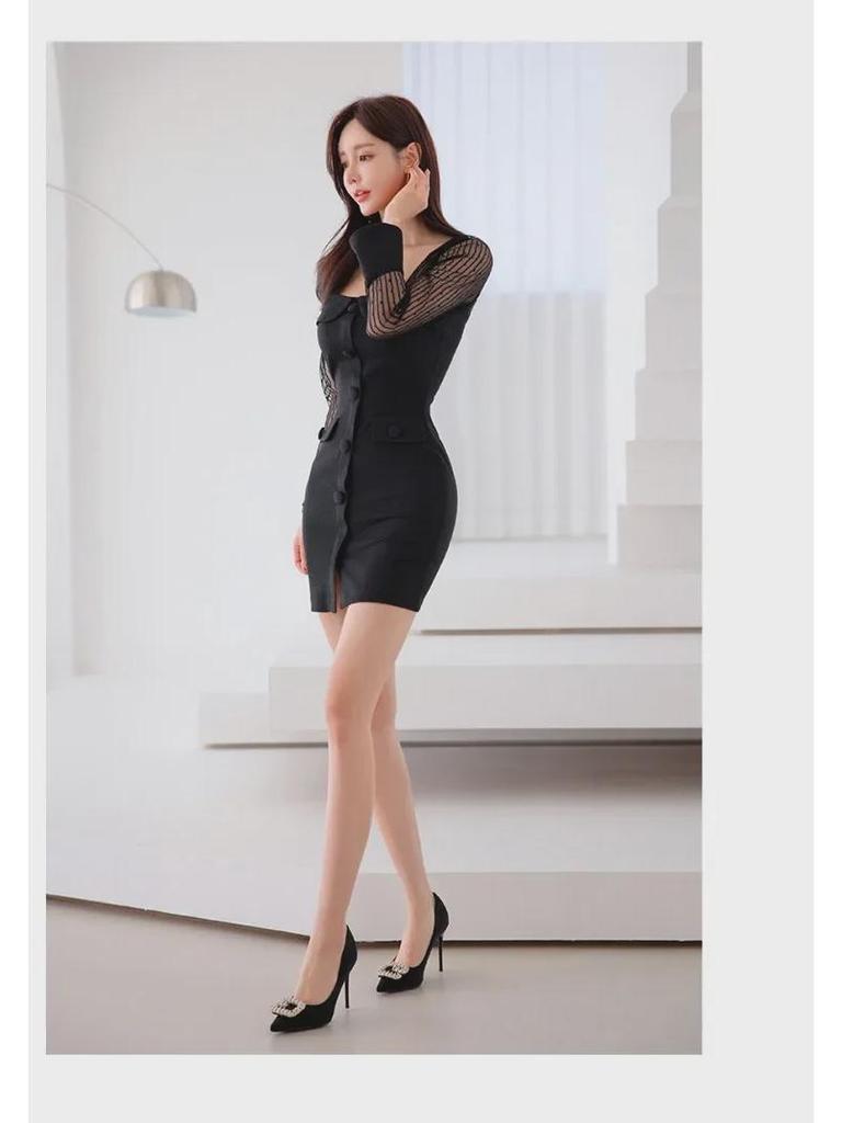 Hepburn Style Korean Dress: Square Collar, Mesh Sleeves, Elegant Hip Skirt for Women - Autumn Collection