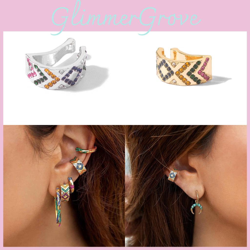 Elegant European American Style Alloy Ear Clips With Colorful Rhinestones