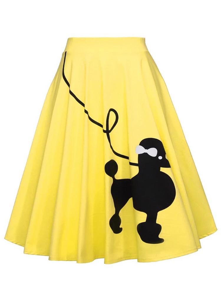 Tonval Pinup 50s Dog Print Kawaii Vintage High Waist Skirts for Women Cotton A Line Knee Length Retro Swing Skirt