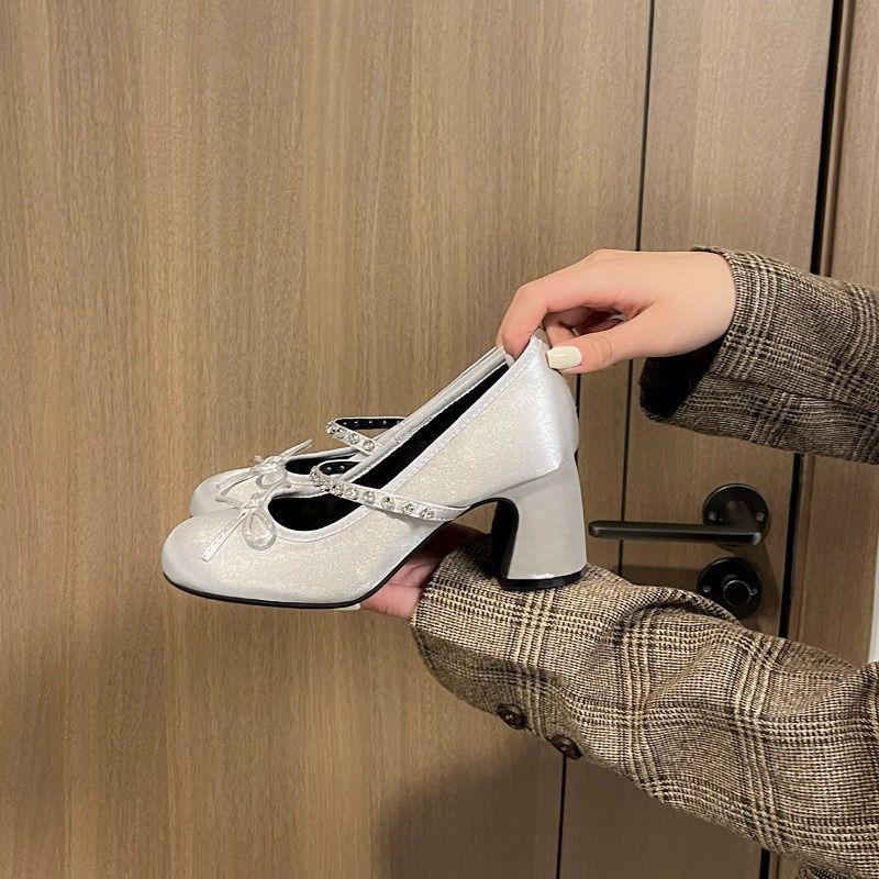 

Round head bow design sense rhinestone word with high heel Mary Jane shoes spring and autumn fairy style single shoes 40 срібний